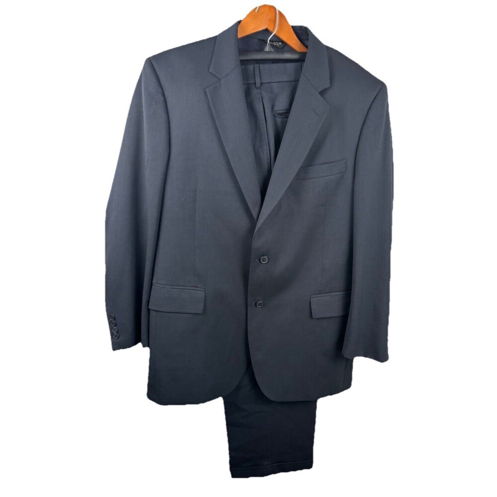 Jos A Bank Suit 44L Black Solid 100% Wool 36x30 Cuff Pants Signature Collection